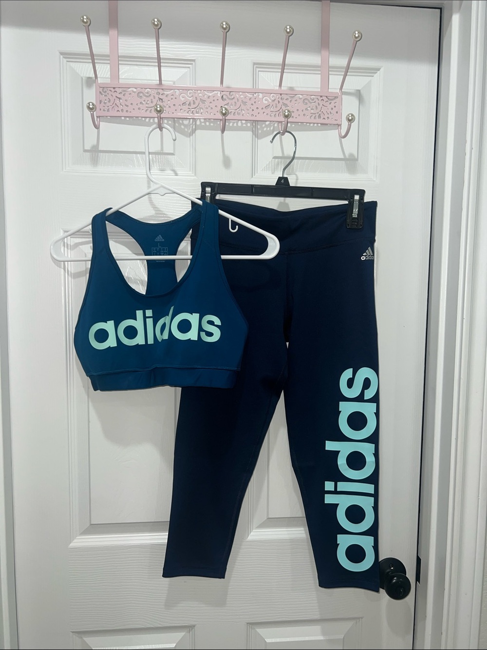 adidas Navy and Light Blue Logo Sports Bra & Leggings Set